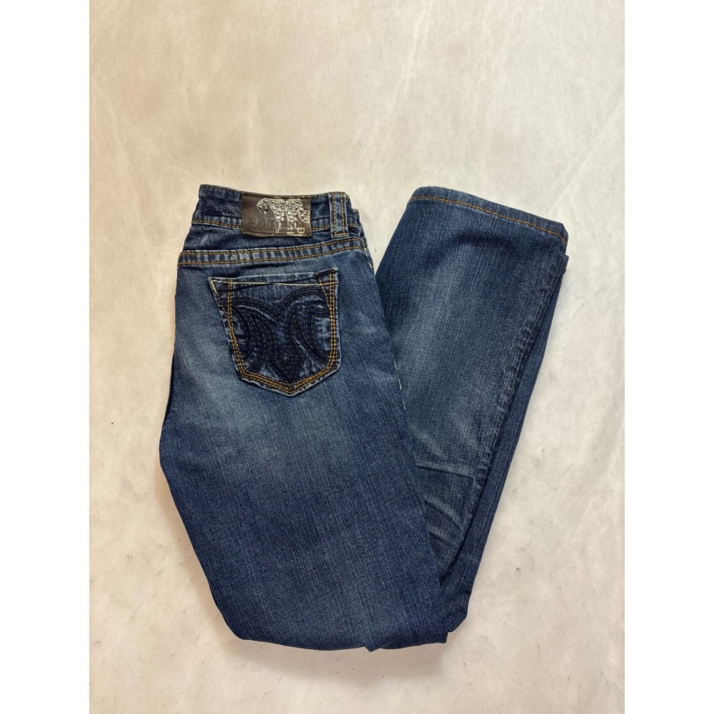 MEK DENIM Tyler Bootcut Jeans Women's 29x34 Dark Wash Distressed Denim